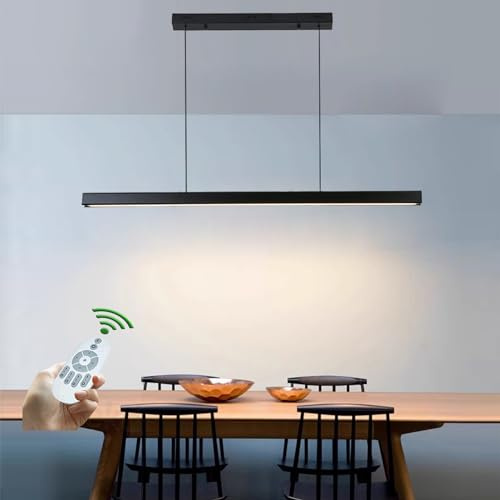 Suspension Luminaire Bois LED Cuisine Table à manger Noir Lustre Dimmable avec Télécommande Moderne linéaire Design Lustre Réglable en Hauteur pour Salle à manger Bureau Luminaire (Noir, L150CM)