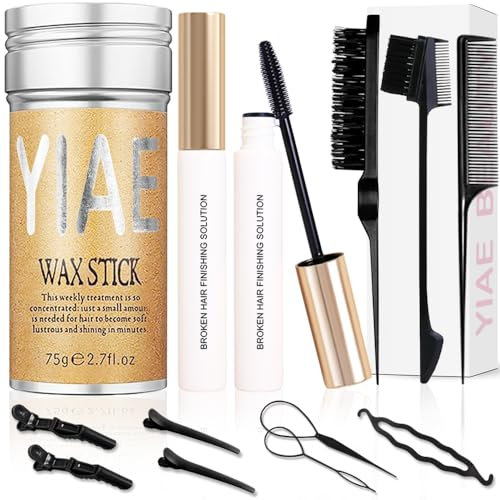 YIAE Set di Cera per Capelli, 75g Cera Capelli e 2 mascara per capelli con kit per intrecciatura dei capelli, prodotti per capelli con non grassa cera stick capelli donna per crespi, Capelli Volanti