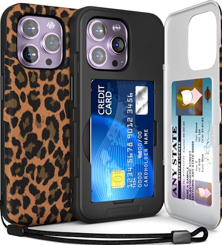 TORU for iPhone 14 Pro Max Wallet Case with Card Holder, Hidden ID Credit Card Slot Flip Kickstand, Slim Fit Shockproof Heavy Duty Phone Cover with Strap - Leopard Pattern