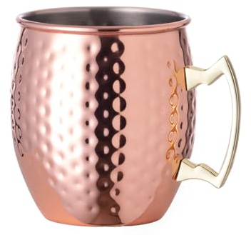 TIENDA EURASIA - Taza con Asa Original de Diseño Vintage Indio, Vaso coctel, Capacidad 500ml, Material de Acero Inox con Recubrimiento Exterior de Cobre Galvanizado