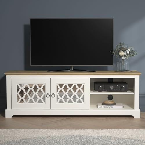 Galano Novara – Grand Meuble TV, Centre de Divertissement pour TV jusqu'à 65, Meuble TV de 150 cm avec 2 Portes, pour Salon, Grand Espace de Rangement (Ivoire/chêne)