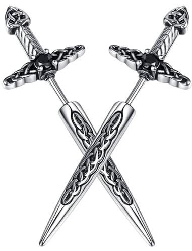 JewelryWe Schwert Ohrringe Herren Ohrstecker: Edelstahl Gothic Punk Langes Schwert Ohrstecker Kreuz Dolch Schraube Ohrring Helix Tragus Ohr Piercings für Männer Junge