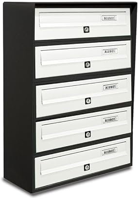 ALUBOX Slim Briefkastenanlage 5 Fächer 63x39x30 cm aus Verzinktem Blech und Aluminium Außenbriefkasten mit Entnahmeschutzsystem (ANTHRAZIT UND Weiss)