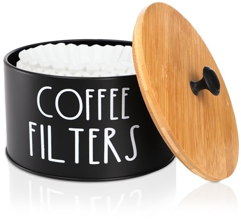 Acshio Coffee Filter Holder, Large Capacity Coffee Filter Storage Container with Bamboo Lid, Metal Coffee Filter Dispenser Pod Organizer Basket Accessory for Bar Counter Decor