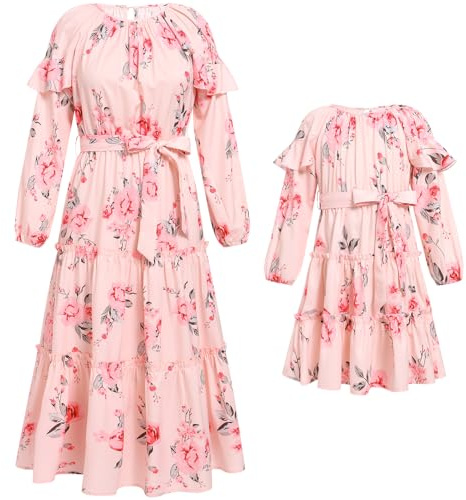 IDOPIP Mutter und Tochter Kleid Langarm Kleid Herbst Winter Maxikleid Lang Strandkleid Familien Boho Freizeitkleid Mama Mädchen Passend Kleidung Familie Passendes Outfit