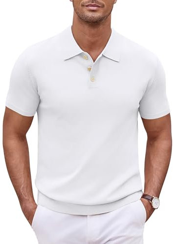 COOFANDY Herren Strick Poloshirts Kurzarm Casual Männer Knopfleiste Polo T-Shirt Einfarbig Polohemd Golf Shirts Weiß L
