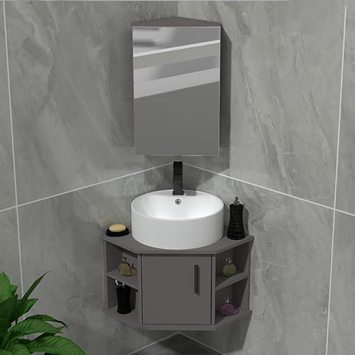 Gtzly Waschbecken mit Unterschrank, Eck-Badezimmerschrank mit Keramikwaschbecken for Kleine RäUme mit Spiegelschrank, Waschbecken-Design
