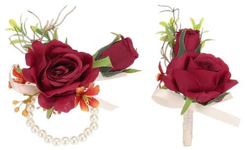 PATIKIL Kunstblumen-Handgelenk-Korsage und Anstecksträuße-Set, 1 Set für Männer Frauen Bräutigam Braut Trauzeugen Hochzeitszeremonie Party Abschlussfeier Weihnachten, Rot