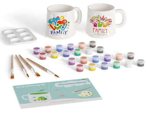 Double Pottery Painting Kit - Paintables Mug Kit Ceramic Christmas Mug Set Personalised Gift for Adults Child Ceramic Art and Crafts Kit Includes Paints, Brushes and Painting Inspiration Guide