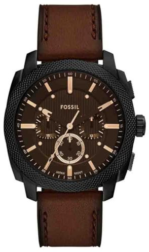 FOSSIL Orologio New Machine da uomo, movimento cronografo al quarzo da 44 mm con cinturino in acciaio inossidabile o in pelle, 44 mm, Marrone caramello
