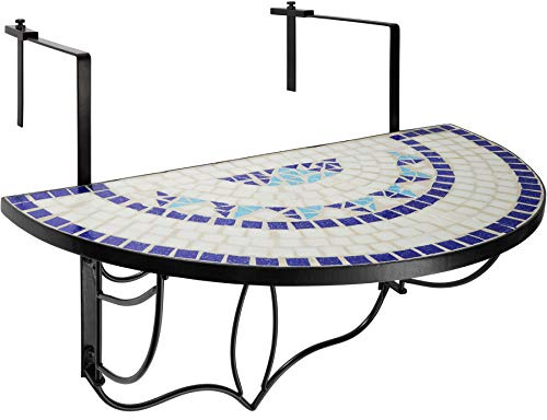tectake® Table Balcon Suspendue et Rabattable en mosaïque de Pierre, 75x65x62 cm, Petite Table Exterieur, Plateau de Table Design Demi Lune, Max. 20 Kg, Gueridon, Decoration Balcon, Terrasse, Jardin