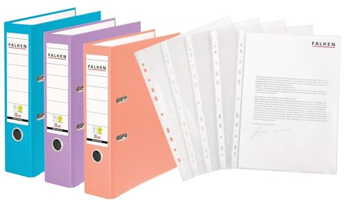Original Falken 3er Pack PP-Color Ordner inklusive 100er Economy PP-Kunststoff Prospekthüllen transparent genarbt. Made in Germany. 8 cm breit DIN A4 farbig sortiert Pastellfarben