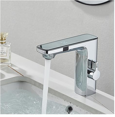 JZWCHQ Smart Sensor LED Faucet Bathroom Basin Infrared Faucet Kitchen Sink Mixer Faucet Hot & Cold Dresser Touchless Faucet Digital Display (Color : White)