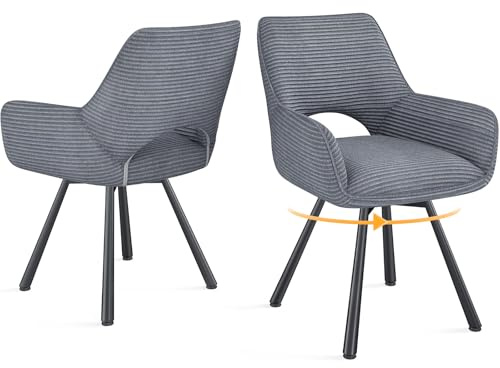 WAFTING Esszimmerstühle 2er Set Drehbar 360°,Armlehnstuhl,Küchenstuhl,Grau | Metallbeinen,Cord Stoff,Küchenstühle,Wohnzimmerstuhl,Polsterstuhl mit Samt,Esszimmer,Restaurant,Schlafzimmer,Konferenzraum