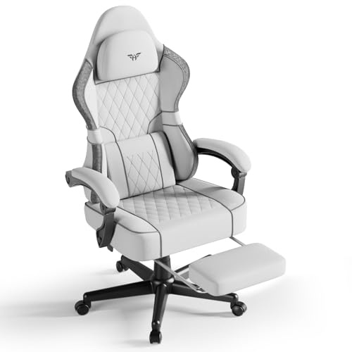 Ferghana Sedia Gaming,Sedia da Gaming Ergonomica,Sedia Gamer con Cuscino Lombare Massaggio，Poggiatesta，Poggiapiedi，Reclinabile，Professionale Sedia da Ufficio Gaming (Bianco,Tessuto di lino)