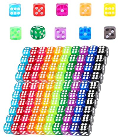 HAXIHA 100 stycken kuber, genomskinliga färger kub set, 14 mm sexsidiga tärningar, lekkub färgglada, för tärningsspel, bordsspel, brädspel, flerfärgad