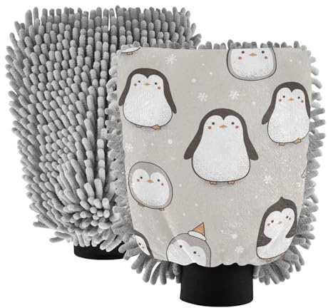 Animal Winter Pinguin Grau Waschhandschuh, Mikrofaser, kratzfrei, Autowaschhandschuhe, Schwämme, Autowäsche, 2 Stück