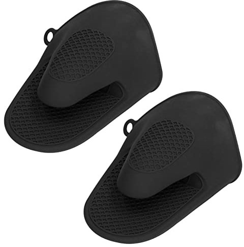Nikou Lot de 2 mini gants de cuisine en silicone épais et anti-brûlure pour cuisine, noir, résistants à la chaleur, 12 x 7 cm