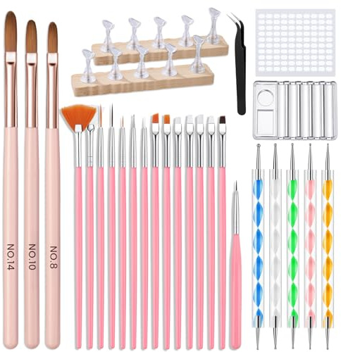 Yokilly Lot de Pinceaux Nail Art: 39 Pièces Pinceau Ongle Nail Art Acrylique Outils Avec Support Pour Vernis à Ongles Palette 2 en 1 et 5 Pièces Dotting Tool - Pinceau Gel UV Construction Liner Ongle