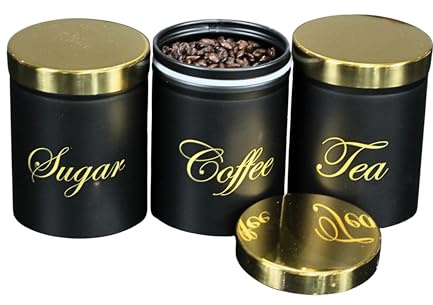 RLS Black Set of 3 Tea, Coffee, Sugar canisters Storage Container Set for Kitchen Accessories & Essentials | Black & Gold
