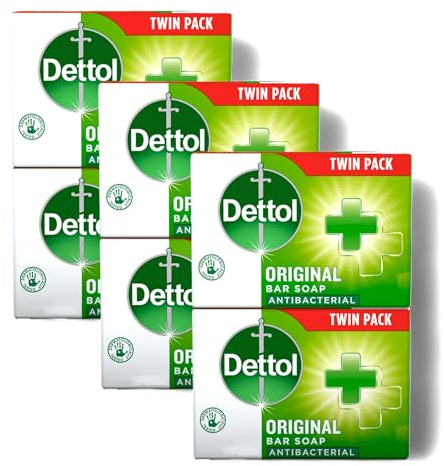 Dettol Soap Original Antibacterial Bar - 3 Twin Pack, 6 x 100g Antibacterial Hand & Body Soap Bar – Disinfects and Kills 99.99% of Germs, Ideal for Handwashing and Cleansing