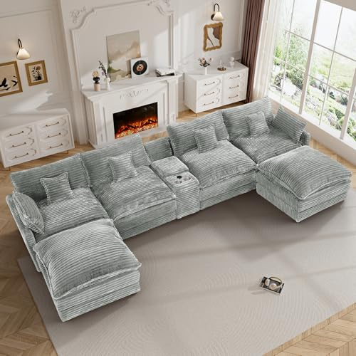 Flyida 145 Cloud Couch Oversized U Shaped Light Grey Sectional Couches for Living Room, Big Soft Comfy Fluffy Corduroy Couch Sectionals, Modular Sectional Sofa with Ottoman & Central Console