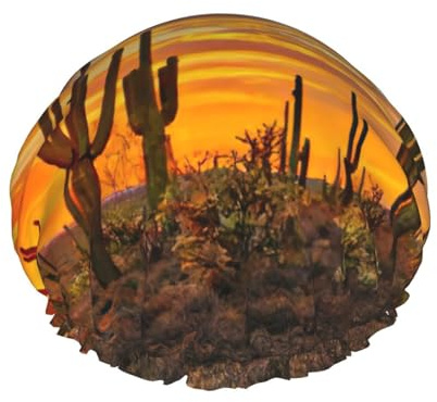 Sunset Cactus In Desert Print Shower Cap, Lined Shower Cap For Women Reusable, Double Layer Waterproof Bath Cap