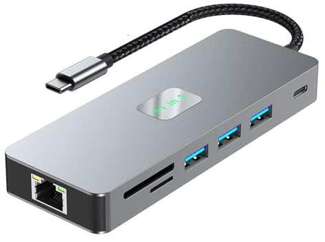 Rdxanc Adaptadores portátiles multipuertos para USB C con HDTV VGA, dos monitores, lectores de tarjetas Gigabit Ethernet, USB 3.0x3 PD100W, carga de sonido, compatible con múltiples sistemas
