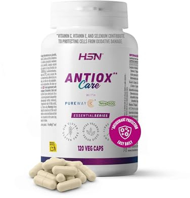 HSN Antiox Care* | 120 Cápsulas Vegetales | Antioxidante Completo: Vitamina E Vitamina C PureWay-C® Astaxantina microencapsulada Tetra-SOD® Selenio | Sin Gluten y Apto Vegano