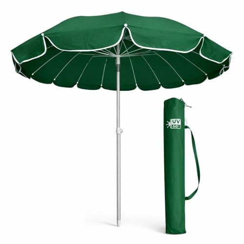 DANYX Ombrellone Mare 220 cm Antivento UV50+ 16 Stecche Fibra di Vetro Palo Alluminio Inclinabile Airvent con Trivella e Fodero Tracolla (Verde)