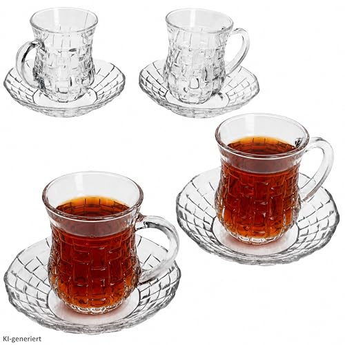 MamboCat Chai - Set di 4 tazze da tè con manico e piattino per 4 persone, 125 ml, vetro trasparente, decorazione in rilievo, per tè turco, tè alla mela e bevande calde, tazza per moka con