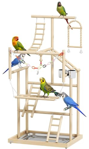 PawHut Parrot Play Stand 95 cm Wooden with Ladders, Chain Toy for Finches | Bird Playground, Stainless Steel Cups, Tray, Bird Cage Accessories, for Parakeets, Cockatiels, Lovebirds, Budgie, Indoor Use