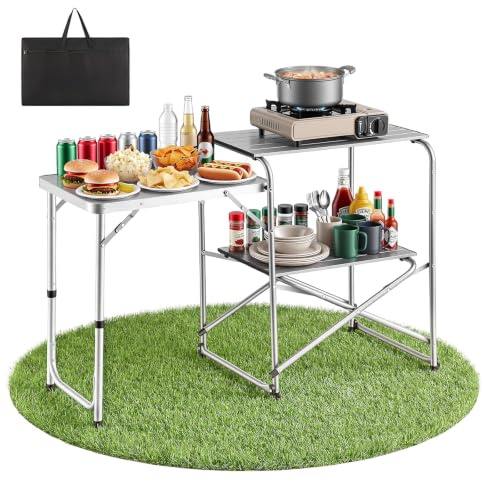 VEVOR Cuisine de Camping Portable Table de Camping Pliable avec Étagère, pour Barbecue, Pique-Nique et Voyage, avec Tables d'Appoint, Plan de Travail Résistant à la Chaleur et Sac de Transport