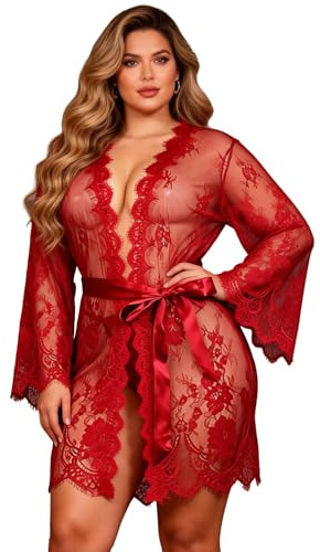 ohyeahlady Kimono Ouvert Femme Nuisette Transparent Dentelle avec Ceinture Peignoir De Bain Kimono Robe De Chambre Courte avec Ceinture Niusette Dentelle VêTement De Nuit Peignoir(5XL-6XL,Rouge)