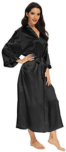 MizzGenio badrock för kvinnor av siden, lätt, lång, satin, full längd, nattkläder, Ren svart, XXL-3XL plus size