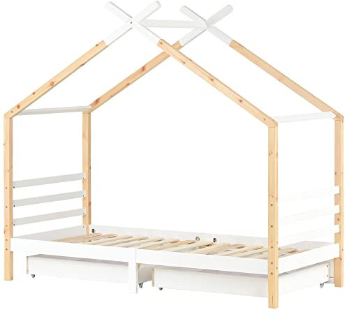 Kinderbett, Hausbett 90x200cm mit 2 Schubladen, Kleinkindbetten, Massivholz mit Lattenrost, Kinder und Jugendzimmer (Weiß)
