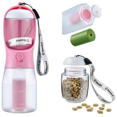 Cibaabo Dog Water Bottle with Food Container & Poop Bag Holder, Travel Water Bowl, Portable Pet Dispenser, Girl Dog Mom Gifts Accessories Stuff Essentials Gift for Yorkie Chihuahua Walking Hiking