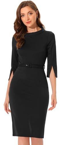 Allegra K Mujer Vestido de Oficina Mangas 3/4 con Cinturón Cuello Simulado Vestidos de Lápiz Negro M