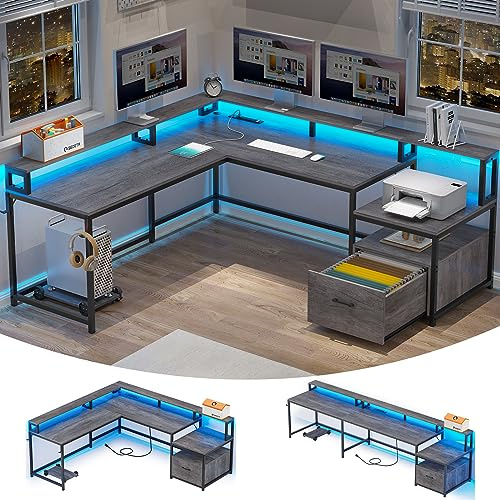 SEDETA L Shaped Desk, 66 Home Office Desk with Wood File Drawer & Power Outlet, Gaming Desk with Led Lights, Corner Computer Desk with Monitor Shelf, Printer Storage Shelves, Two Person Desk, Grey