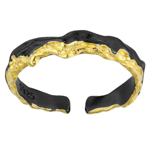 NicoWerk Damen Silberring schwarz aus 925 Sterling Silber Vergoldet Schmal Glänzend Gehämmert mit Struktur Ausgefallen Verstellbar Offen SRI985