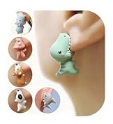 6 pares de bonitos aretes de mordida de animales para mujer, aretes de dinosaurio, aretes de arcilla 3D, aretes divertidos de dibujos animados para morder, aretes de tuerca de joyería, Metal, Sin