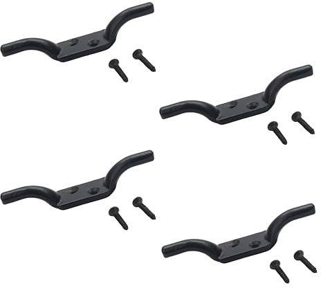 SUL Cleat Hook 100mm Heavy Duty Black Coated Rope Cord Cleat Hook, Halyard Rope Cleat hook Flagpole Trailer Rope Roman Blind Cord Hooks Cleat Hooks for Washing Line with Screws - 4 inch (4)