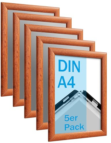 SPRINTIS Klapprahmen A4 aus Aluminium, Rahmen in dunkler Holzoptik, 5 Stück Plakatrahmen mit 2,5 cm Rahmenbreite, inkl. UV-Schutzfolie & Befestigungsmaterial