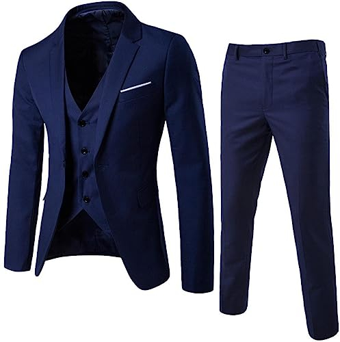 Herrenanzug, schmaler 3-teiliger Anzug, Business-Hochzeit, Party, Jacke, Weste und Hosenmantel Anzug Koffer (Navy, XXXXL)