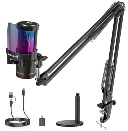 ZealSound USB Gaming Mikrofon für PC/Mac/Handy mit 2 Ständer & 2 Adapters, 192kHz/24bit mit Noise Cancelling, Adapters für iPhone & USB-C, Tischständer & Boom, für Streaming, Podcasts, Twitch, YouTube