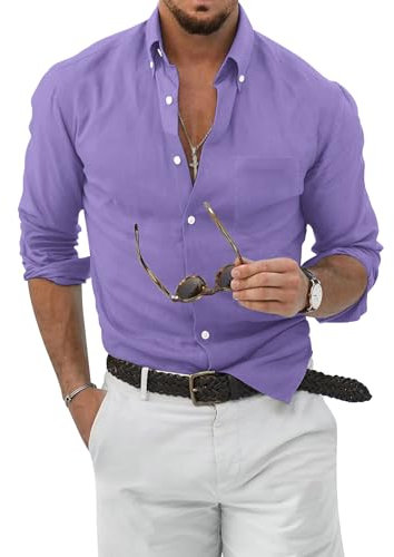 TARAINYA Chemise Lin Homme Coton éTé Manches Longues avec Poche Regular Fit Violet M