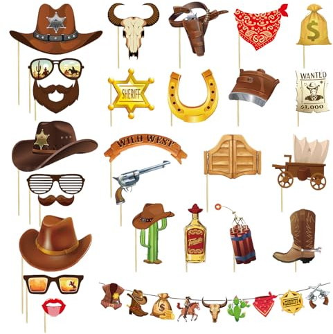 25 stycken västerländska cowboy fotorekvisita, 1 uppsättning banderoller, västerländska festdekorationer, cowboydekorationer för fester för vuxna, cowboy festdekorationer
