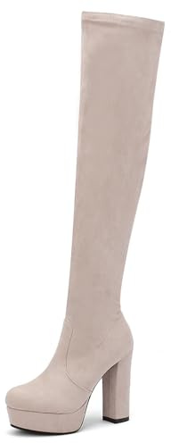 Platform Stretch Thigh High Overknee Boots for Women - Wide Calf, Round Toe, Block High Heels - Party Dressy Boots with Zipper - Leather Apricot Size 39