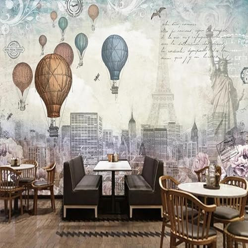MIXUEXUNLU 3D Wallpaper European Style Retro hot air Balloon Tower Building Photo Wall Mural Restaurant Cafe Background Mural