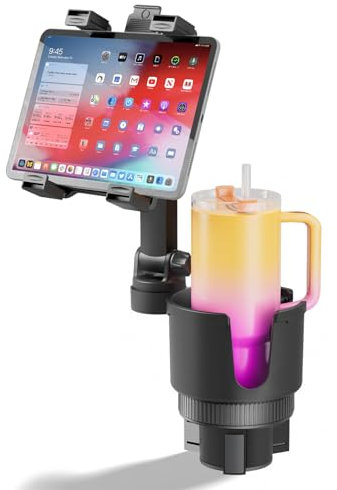 OHLPRO Soporte para Tablet con Portavasos para Camión, Rotación 360°, Compatible con iPad 7-11, Soporte Ajustable para Auto, Ideal para Viajes y Accesorios de Coche